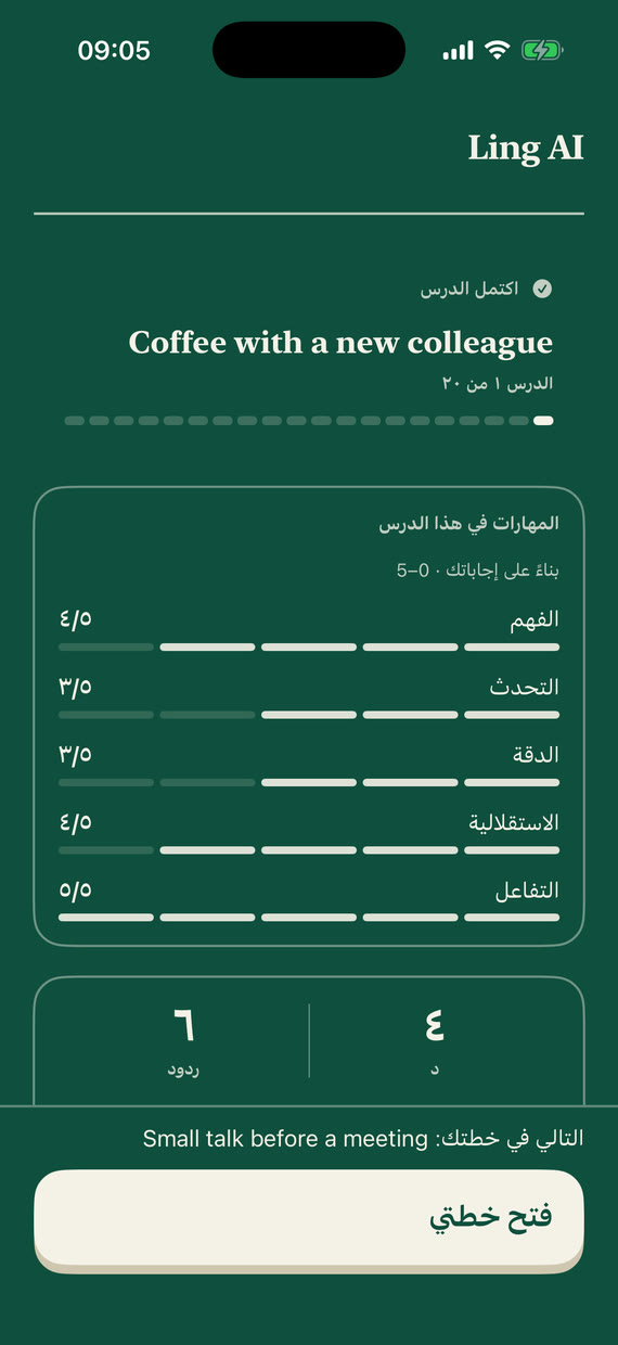 شاشة اجتياز الدرس: تقييمات الفهم والتحدث والدقة والاستقلالية والتفاعل