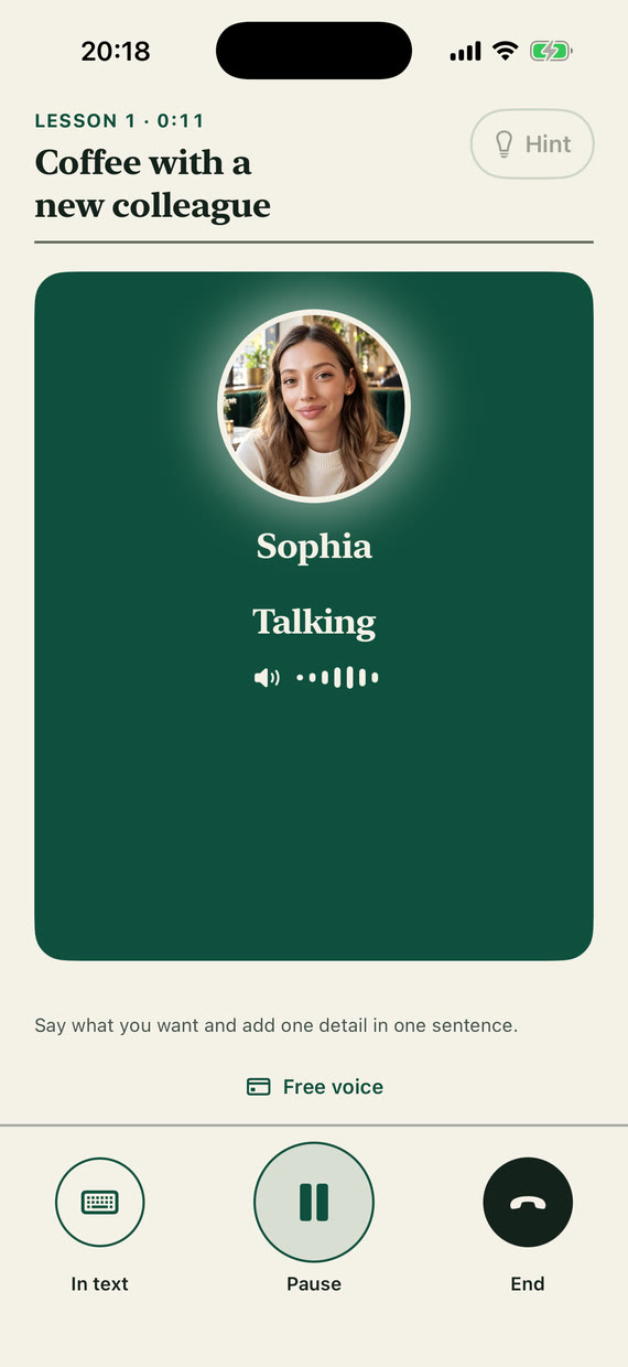 Lesson screen: Sophia is speaking, with the In text, Pause and End buttons below