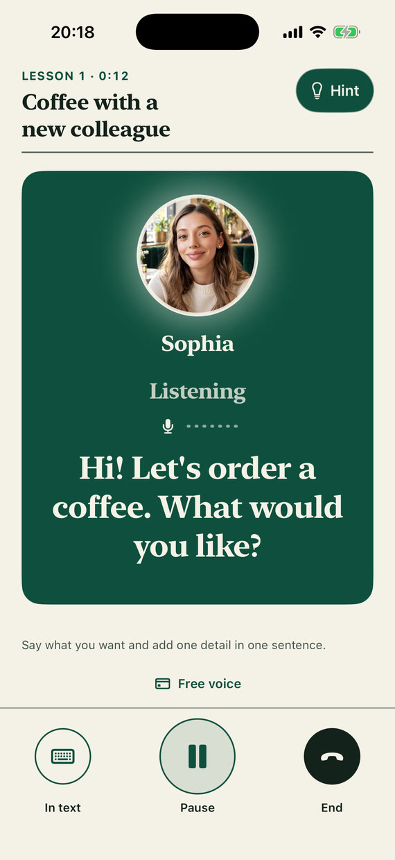 Lesson screen: Sophia is listening, her question “Hi! Let's order a coffee. What would you like?” and the highlighted Hint button
