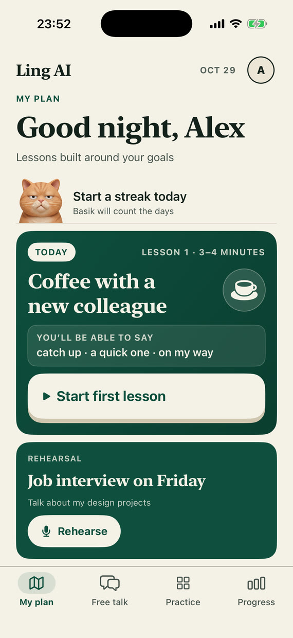 My plan screen: today's lesson card and below it Rehearsal – Sophia remembered the job interview on Friday and offers to rehearse it