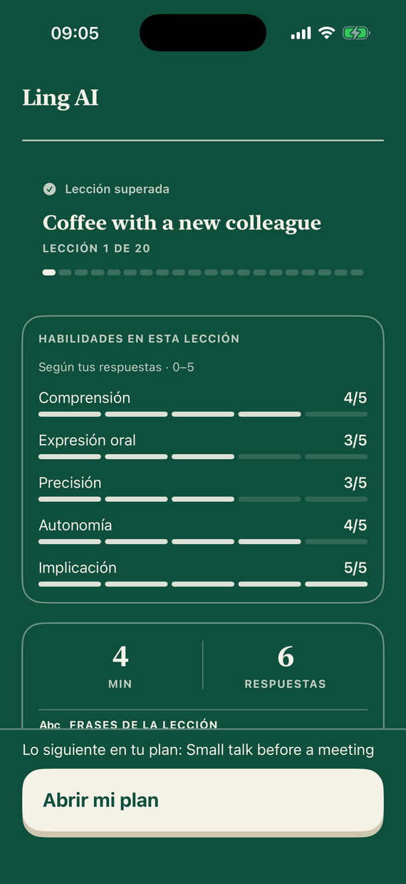 Pantalla Lección superada: puntuaciones de comprensión, expresión oral, precisión, autonomía y participación