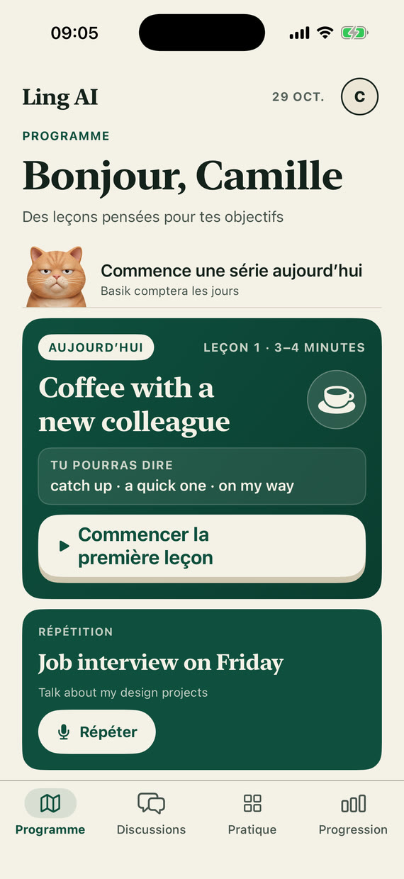 Écran Mon plan : la leçon du jour et, dessous, Répétition – Sophie a retenu l’entretien de vendredi et propose de le préparer